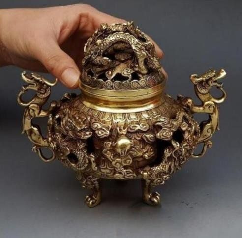 細工銅製 純銅双龍香炉 置物 銅器 双龍香炉 風水グッズ 小物 装飾品
