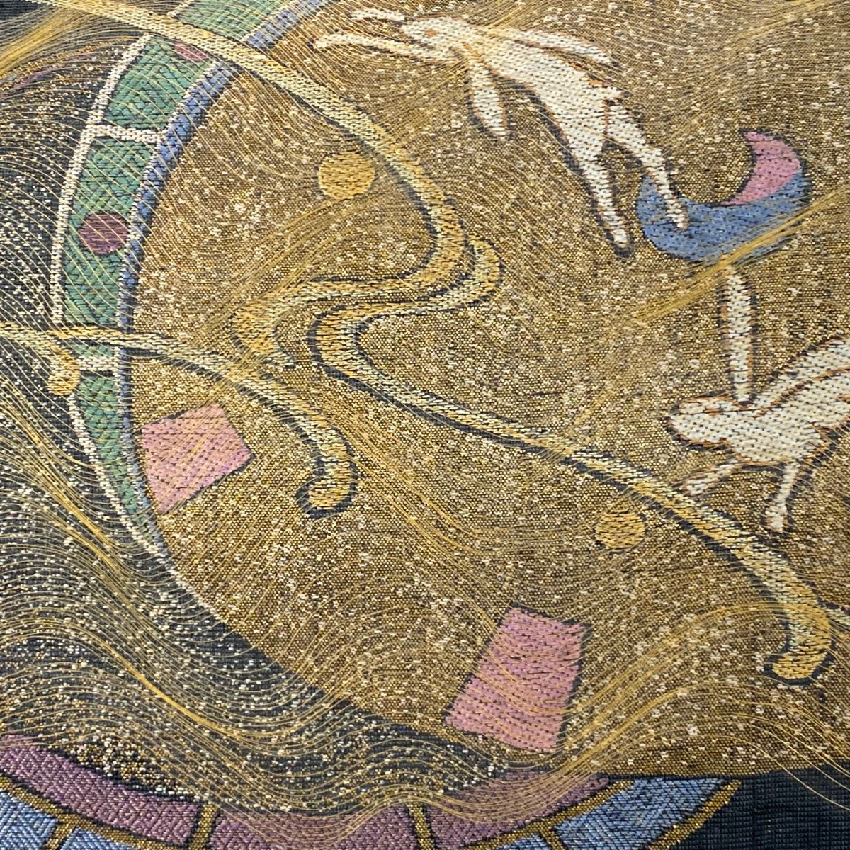 最終価格!!袋帯　波にうさぎ　六通 正絹 袋帯 ウサギと波模様 六通柄 袋帯 逸品 うさぎ 波 金銀糸 箔 青緑