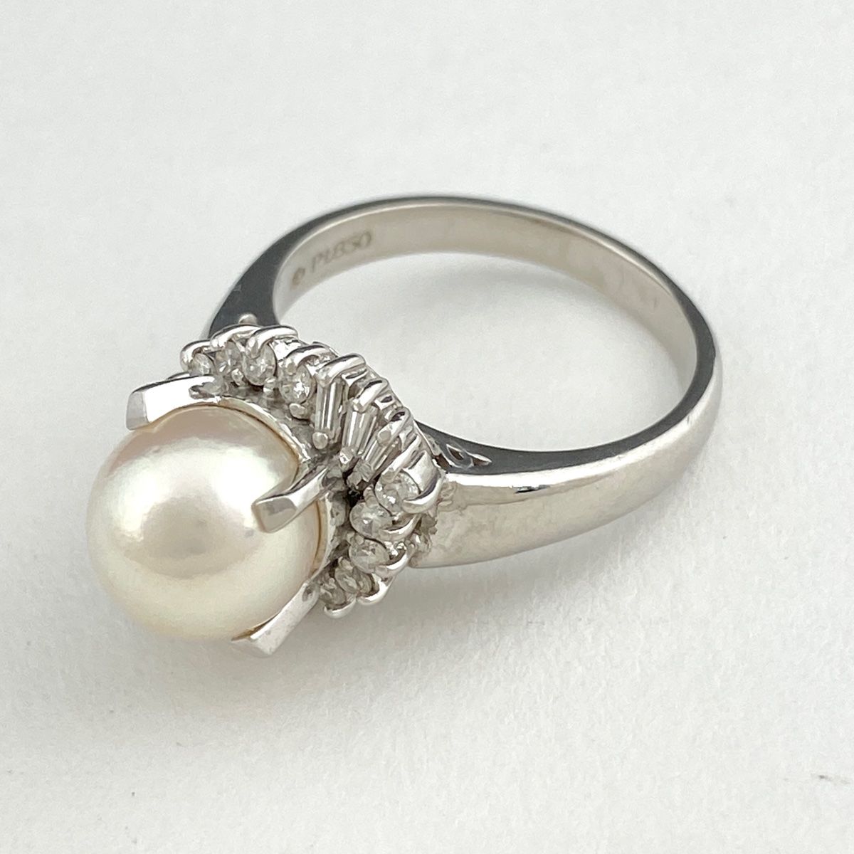 パール デザインリング プラチナ 指輪 メレダイヤ 真珠 リング 16.5号 