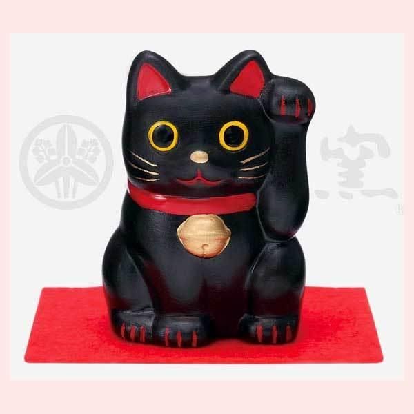 バカラ 黒い招き猫 陶器製 赤い台座付き バカラ 黒い招き猫 陶器製