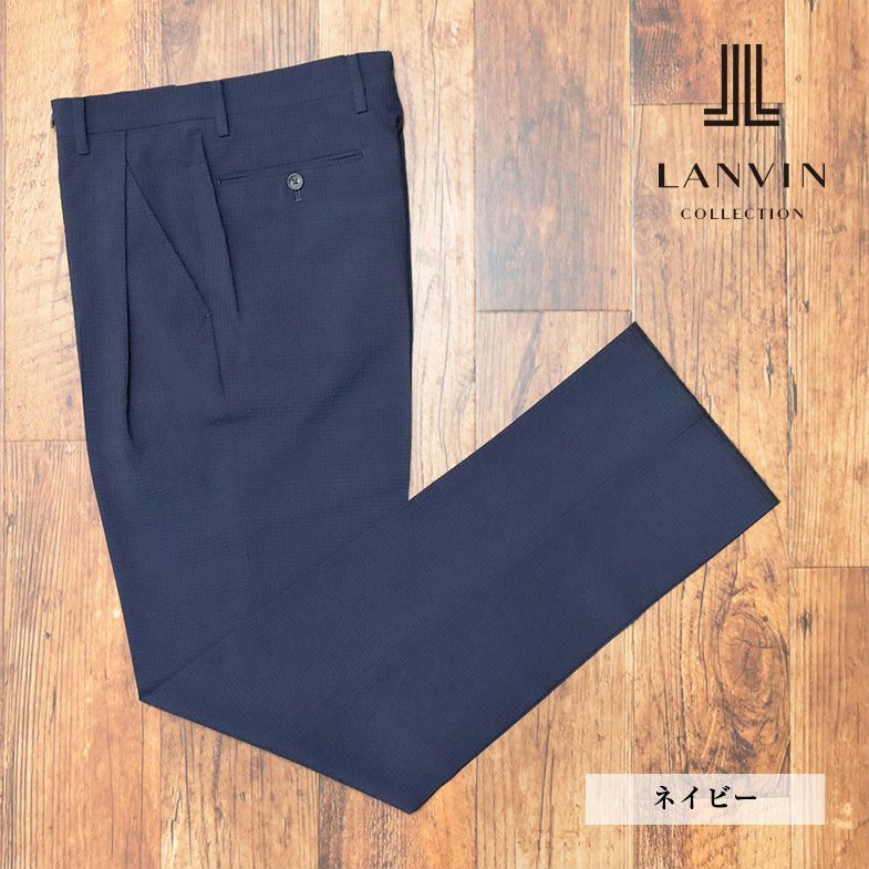 春夏/LANVIN COLLECTION/48サイズ/スラックス パンツ 清涼サッカー サマーウール混 無地 ワンタック 日本製 新品/紺/ネイビー/ib190/