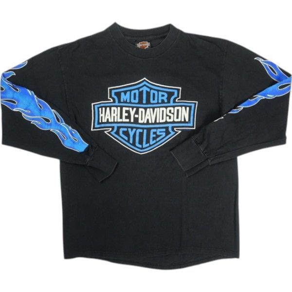 Size L VINTAGE ヴィンテージ Harley Davidson ハーレーダビッドソン Blue Flame LS Tee ロンT 黒 -良い 20821294