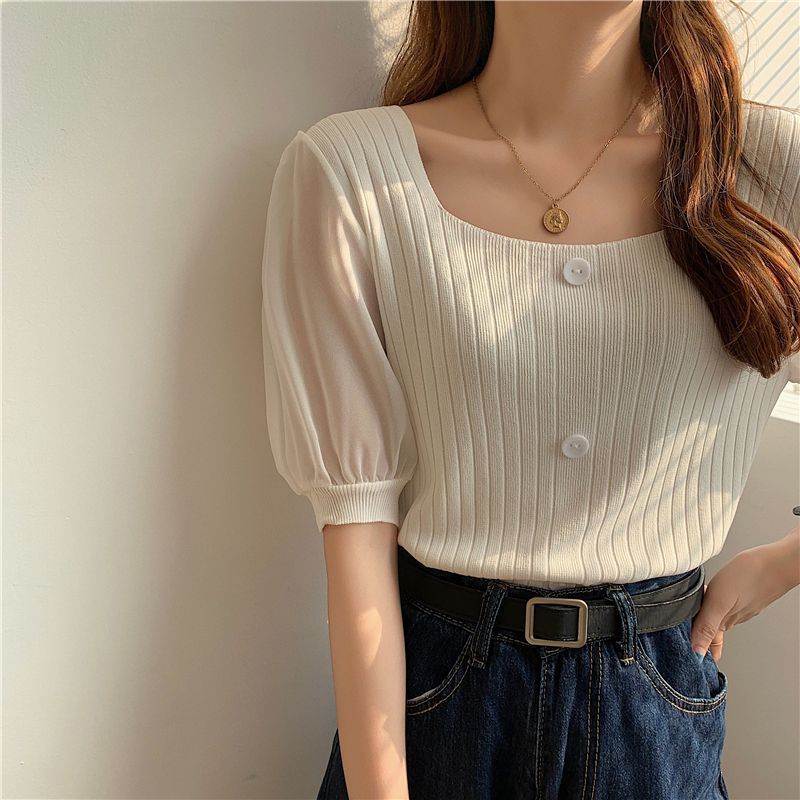 サマーニット レディース 半袖 Tシャツ ニットス スクエアネック パフスリーブ ス シンプル ニット キレイめ 夏 大人 女性用 サマーニット レディース 半袖 Tシャツ ニットトップス スクエア