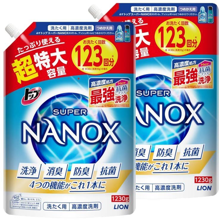 まとめ買い トップ ナノックス NANOX 大容量 トップ スーパーナノックス 蛍光剤 シリコーン無添加 高濃度 洗濯洗剤 液体 詰め替え 超特大1230g x2個セット 1230g x 2袋