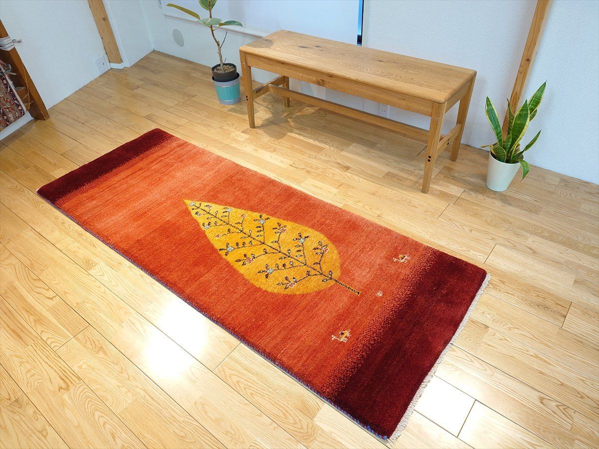 ペルシャ ギャッベ ランナー大 リビング 廊下敷 ラグ 195x74cm 茜色 ボルドー 糸杉 RJ14853