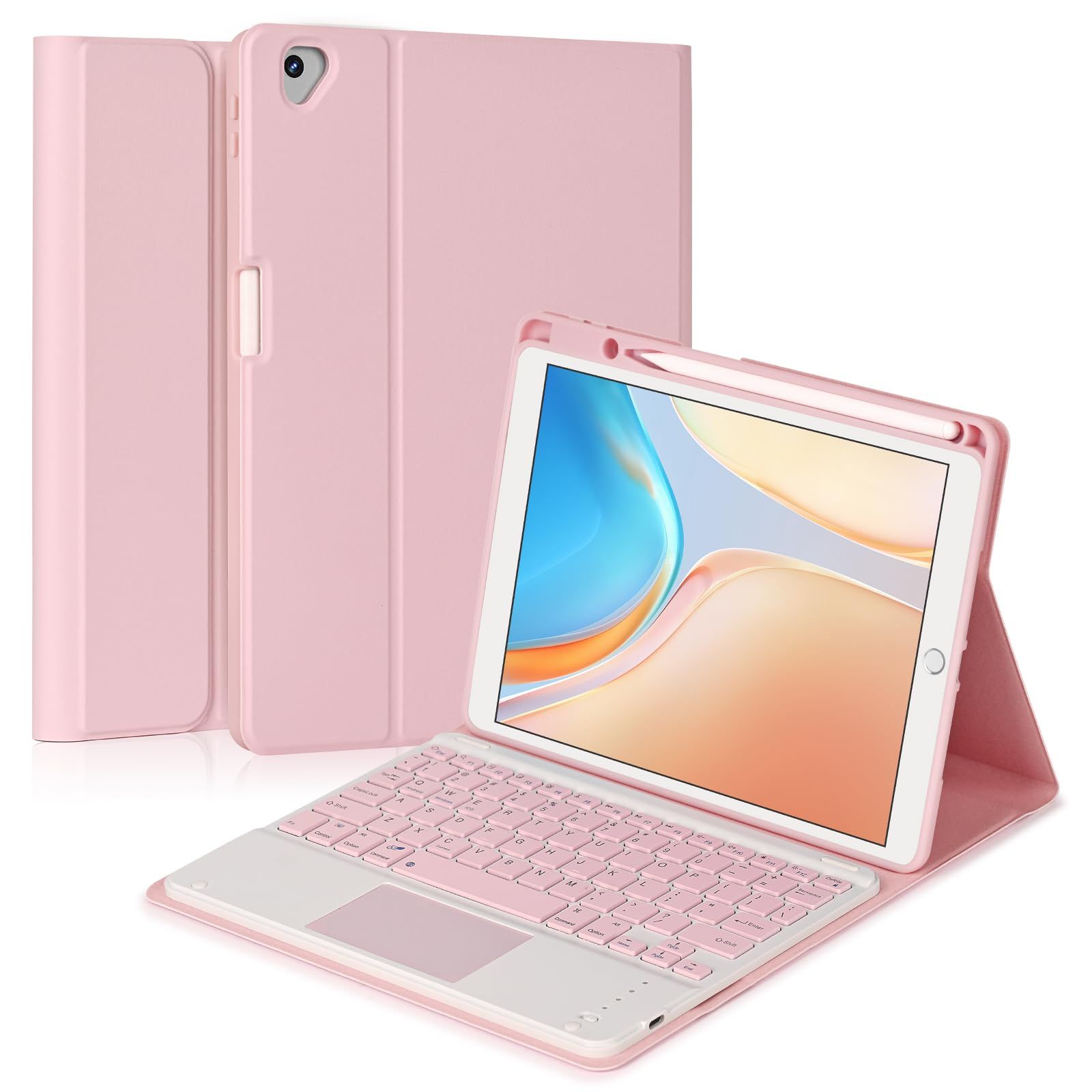 iPad10.2キーボードケース ipad 第9/8/7世代 ipad air3 pro10.5兼用キーボードカバー 脱着式 タッチパッド搭載 上側ペンホルダー スタンド機能 全面保護 ピンク