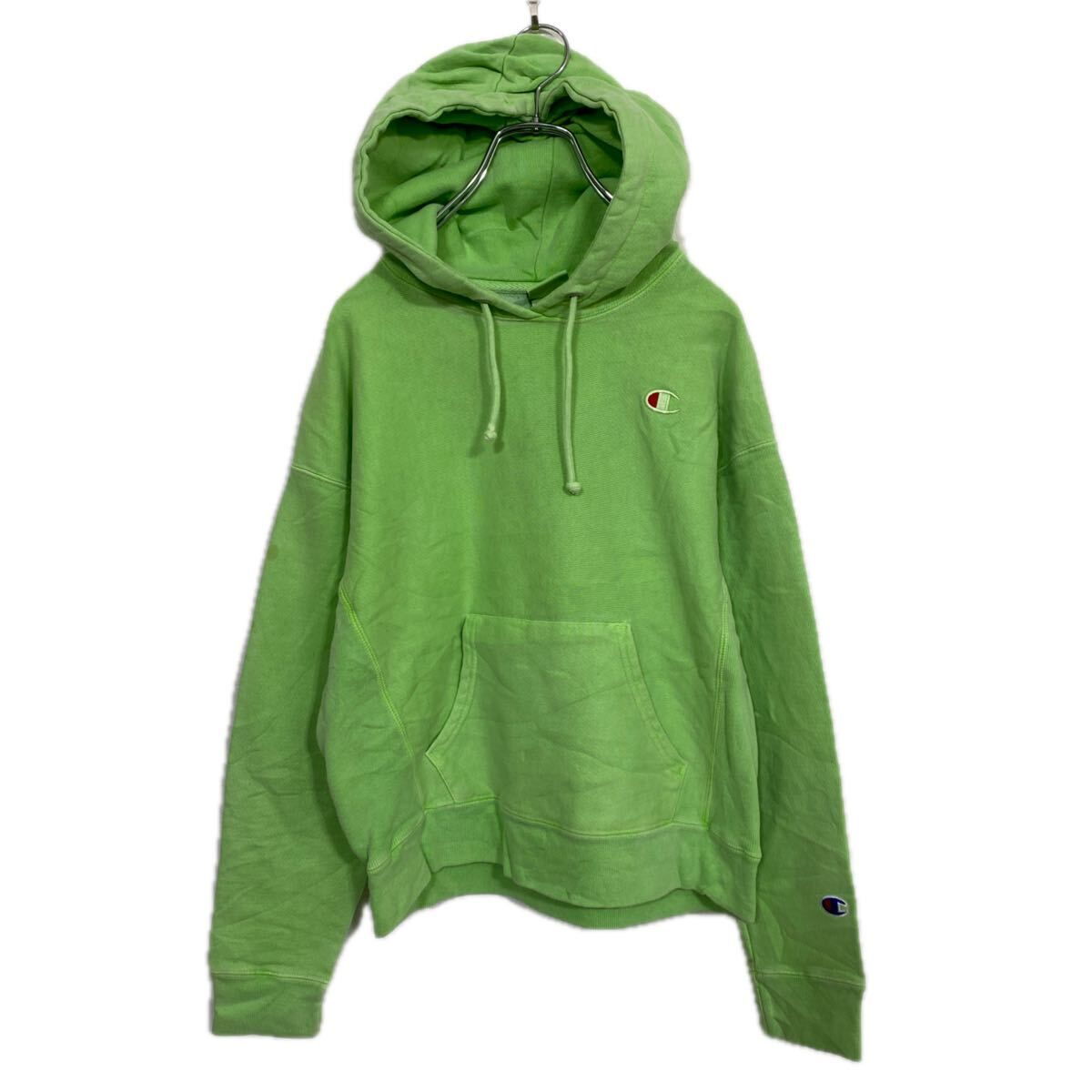 Champion ロゴスウェット パーカー M ライムグリーン チャンピオン リバースウィーブ 裏起毛 プルオーバー 古着卸 アメリカ仕入 a708-6157