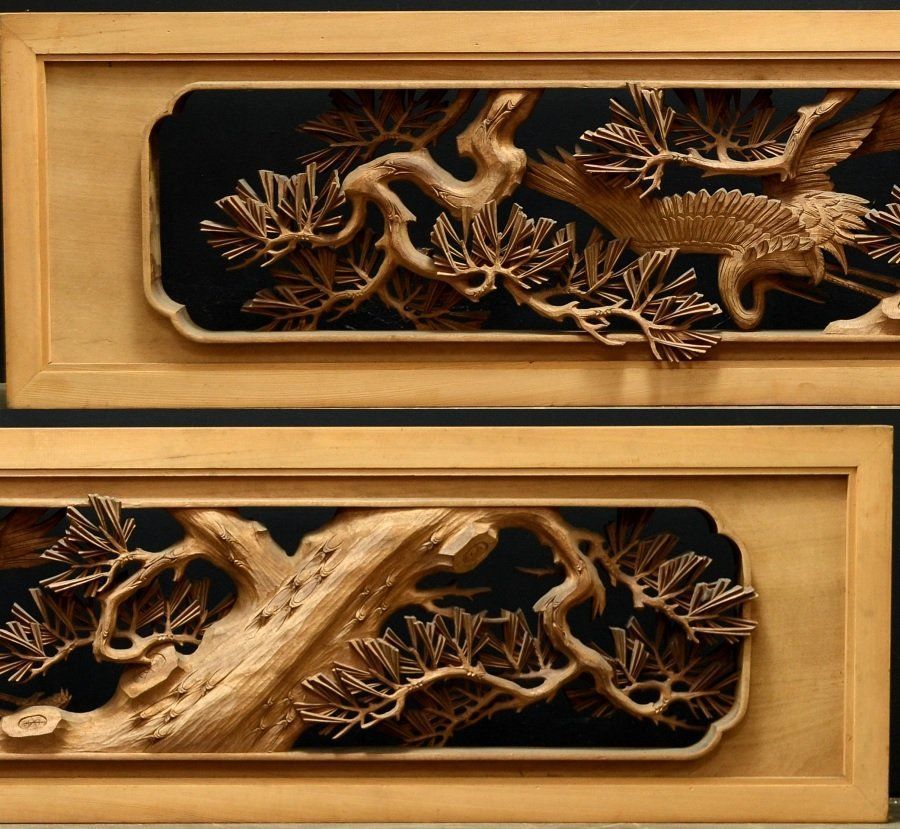 蔵A5542 建具 彫刻欄間 松に三羽鶴 一対 古民家座敷 UBS-PPNI_AC_ID