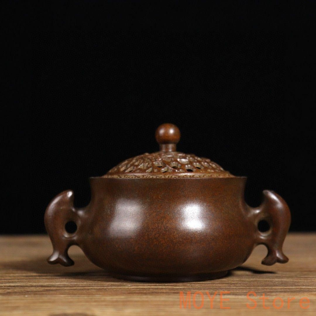 銅製 双魚耳香炉 室内盤香炉 茶道香り炉 香道具 工芸品 置物 美術品・アンティーク・コレクション 銅製 双魚耳香炉 室内盤香炉 茶道