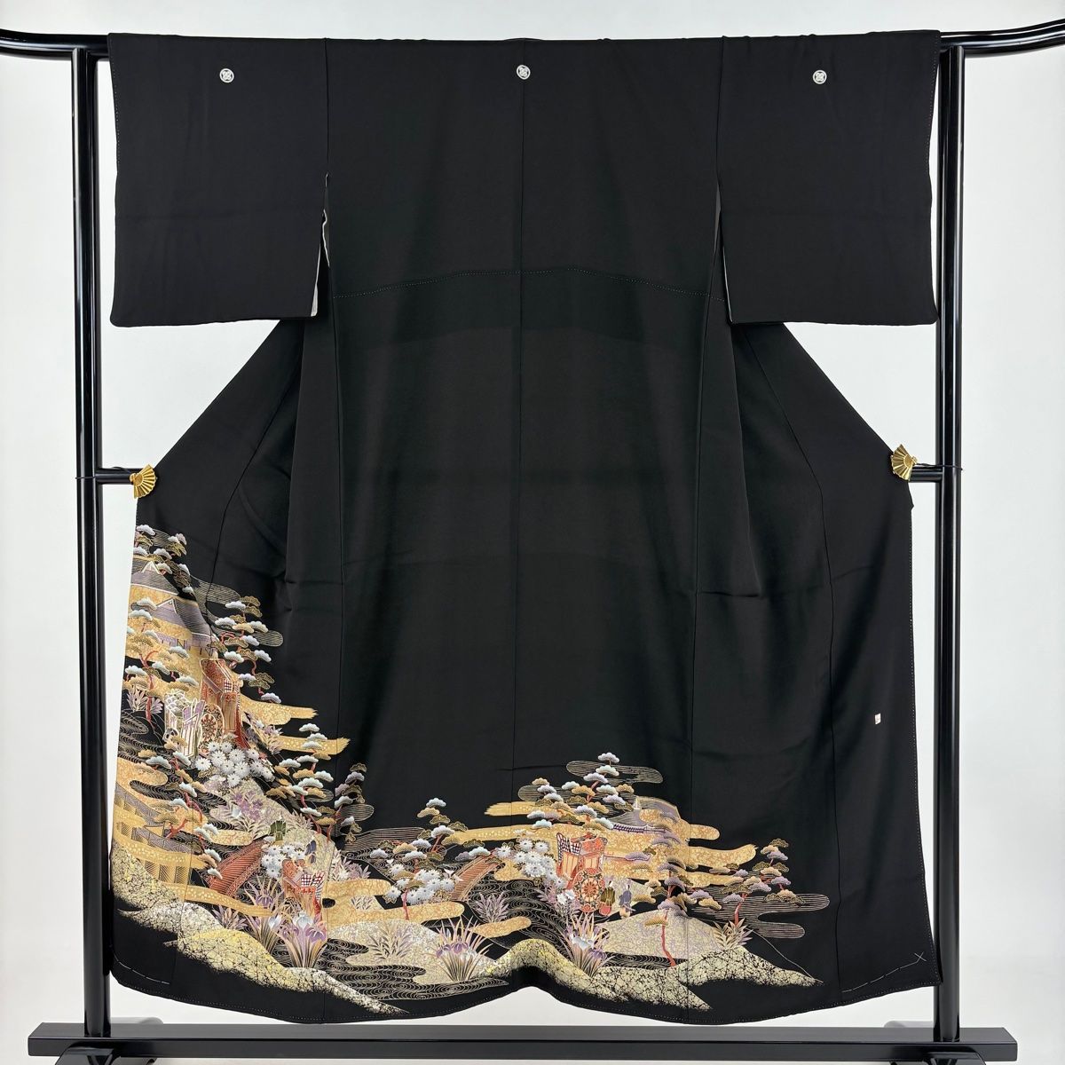 【美品】黒留袖⑤金彩友禅　正絹　身丈165裄68.5＋となみ帯のセット 黒留袖 身丈162cm 裄丈66.5cm M 袷 落款 鶴 桜 金糸 金彩 黒