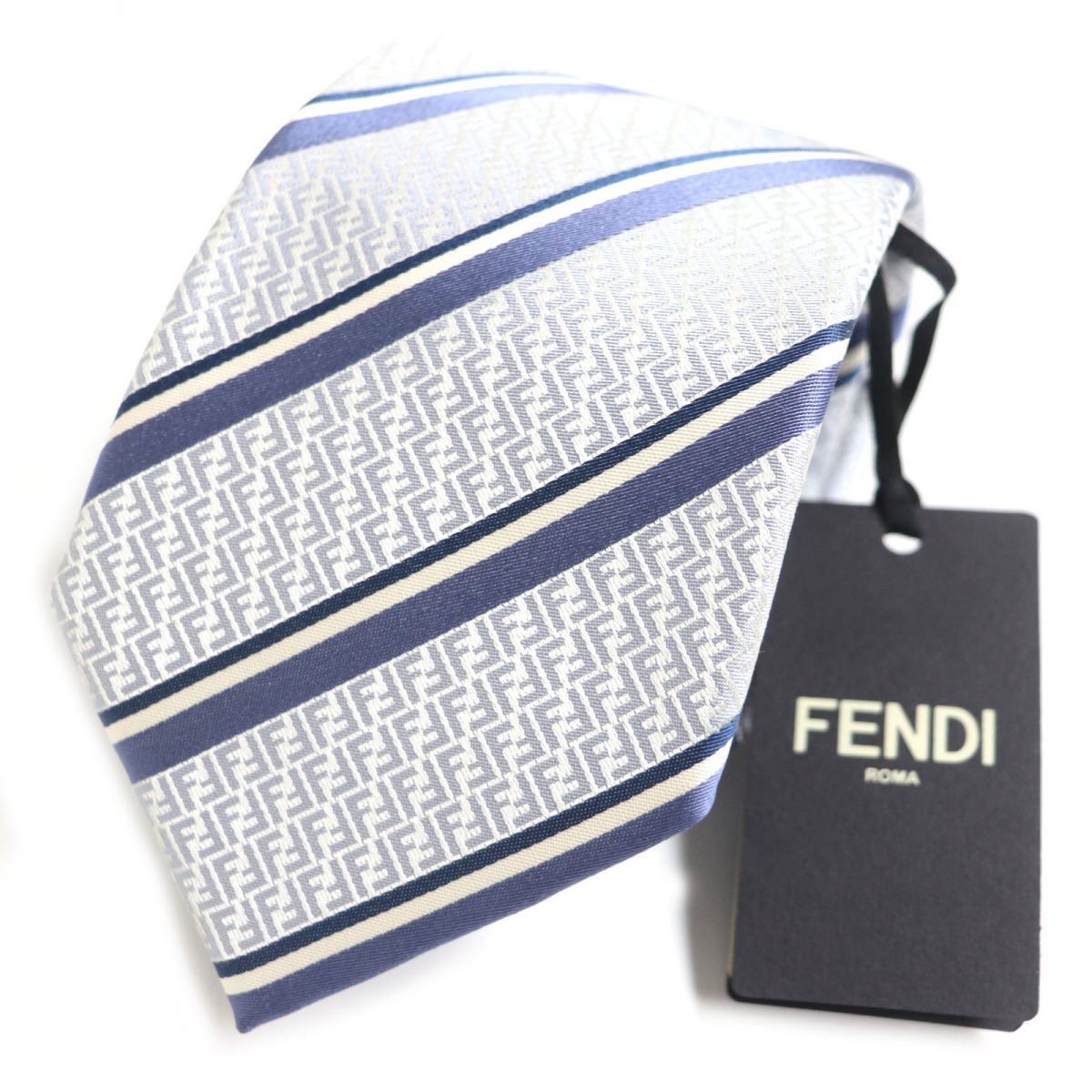 未使用品▽FENDI フェンディ ズッカ柄×レジメンタルストライプ シルク