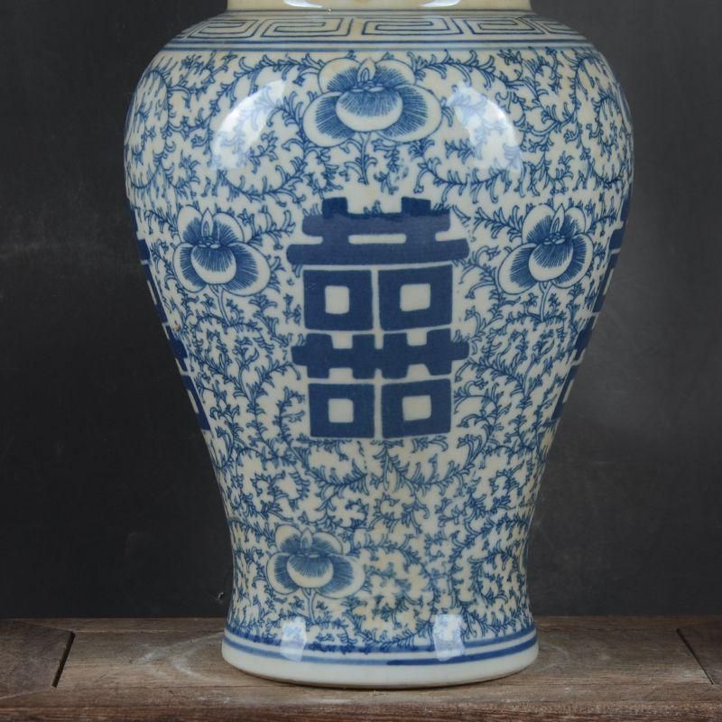 青花喜字纏枝蓮蓋缶 景徳鎮 陶磁器 装飾品 現代工芸品 美術品