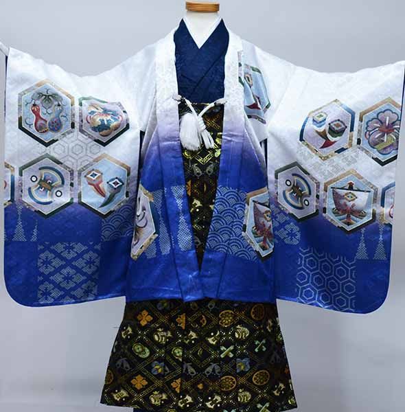 七五三 五歳 男児 羽織袴フルセット 白×青 兜 袴変更可能 NO37089