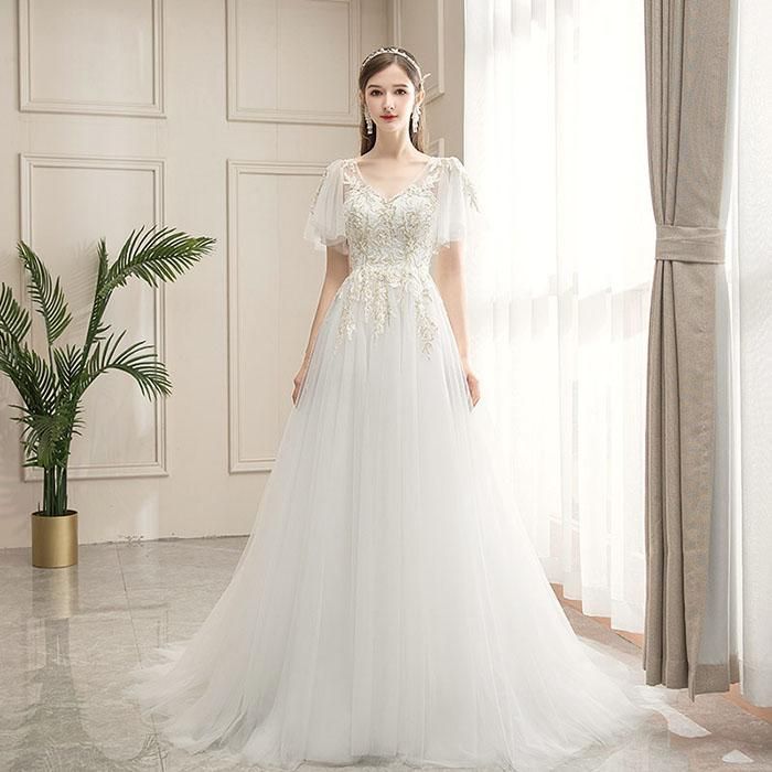 ウエディングドレス ブライダル 結婚式 wedding dress 半袖 ロングドレス 二次会 海外挙式 シンプルドレス 編み上げ チュール 披露宴 トレ