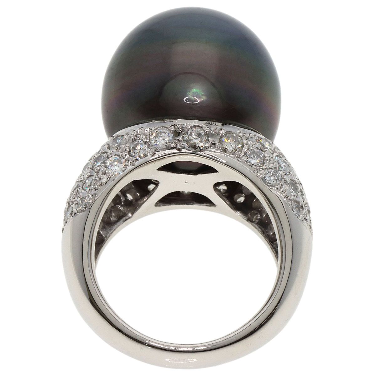 SH19172】即決～Pt900 黒蝶パール リング 11.5mm D0.12ct【人気 