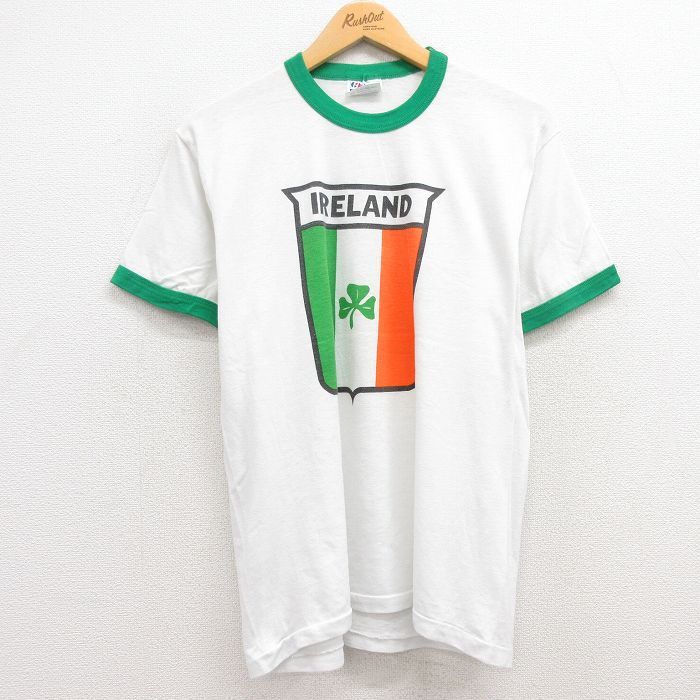 M/古着 ヘインズ 半袖 ビンテージ Tシャツ メンズ 80s アイルランド 染込プリント クルーネック 白 ホワイト リンガー 24jul09 中古