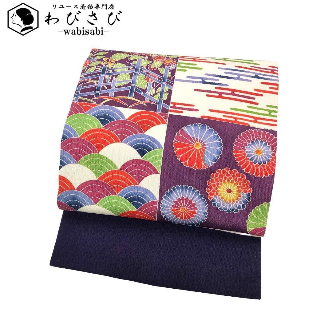 名古屋帯 総柄型染 色鮮やかな花模様 青海波 エ霞 縮緬 O-5625