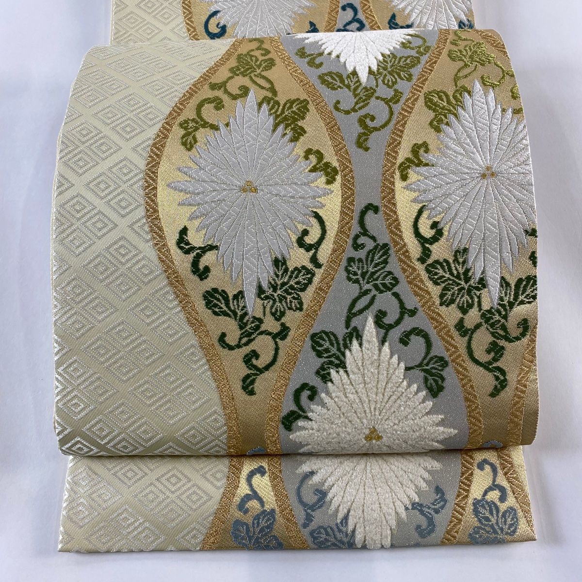 袋帯 高級 変わり織 すくい織 金糸 金ベージュ 流水 絹 新古品 kp1722 袋帯 高級 変わり織 すくい織 金糸 金ベージュ 流水 絹 新古品