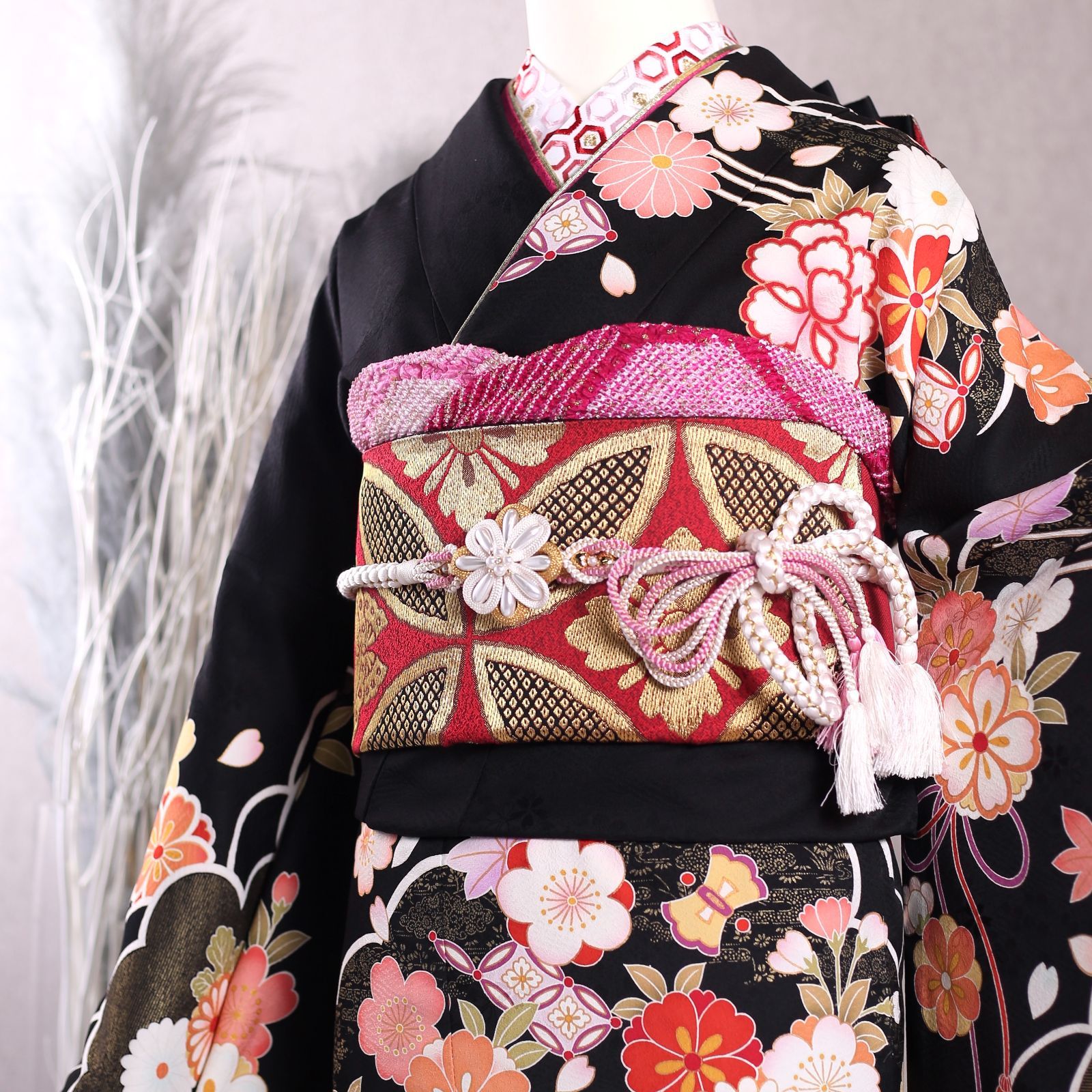 振袖フルセット 振袖セット 振袖 M～Lサイズ 中古 黒×新古典 美品 成人
