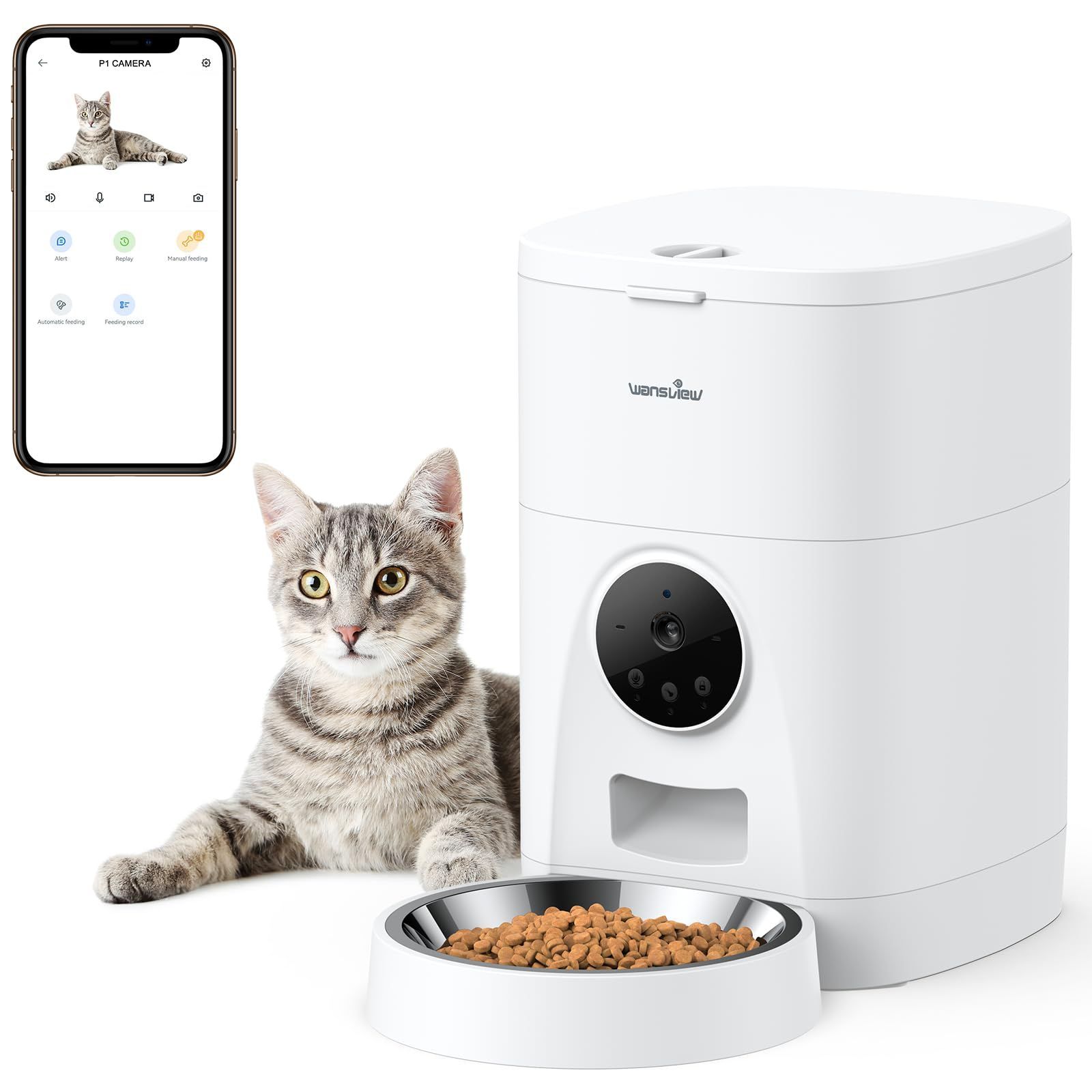 自動給餌器 猫犬対応 300万高画素カメラ付き 4L大容量 猫ニキビよぼう 2WAY給電 中小型犬 うさぎも対応 2.4GWi-Fi対応 家族共有 会話 動体検出 SDカード録画 Alexa対応 ペット留守番見守り ドッグフィーダー 白