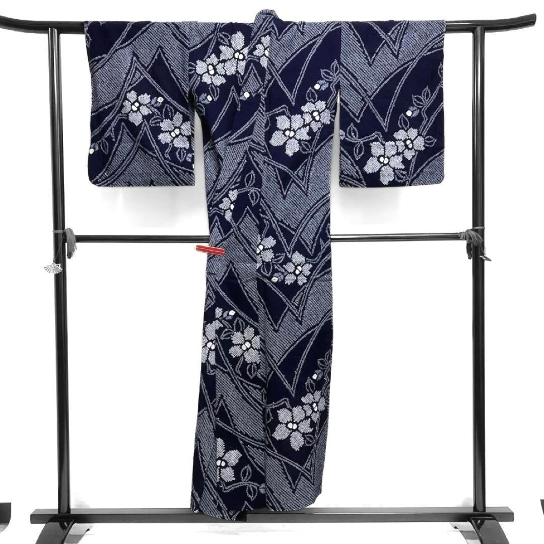 夏着物 浴衣 有松鳴海本絞り 花模様 青褐色 K-4974