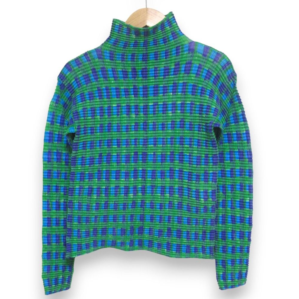 ISSEY MIYAKE イッセイミヤケ チェック柄 ボトルネック 長袖 プリーツカットソー Mサイズ グリーン系 レディース 古着