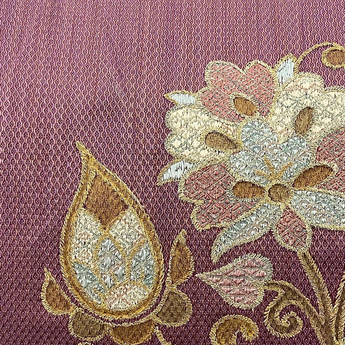 袋帯 秀品 関西仕立て 花唐草 有職文様 金銀糸 刺繍 赤紫 お太鼓