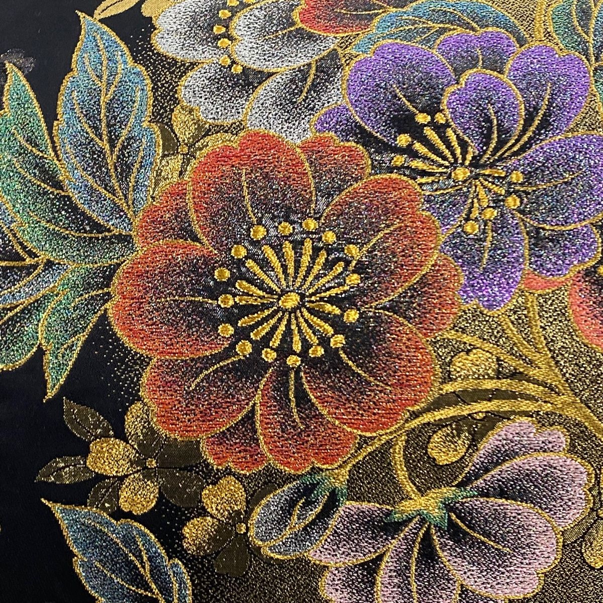 A41美品　袋帯　全通　刺繍　花　正絹 袋帯 】美品 黒地 六通柄 桜 流し 箔 金銀糸 墨色 正絹 着物 帯1