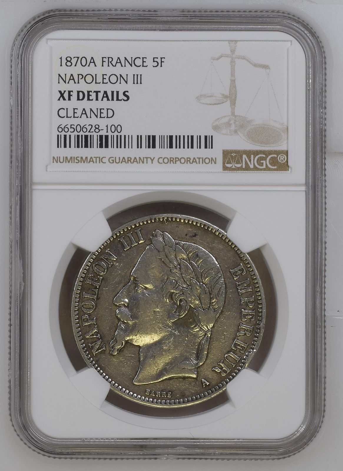 1870年フランス銀貨 5フラン ナポレオン3世（NGC本物鑑定済