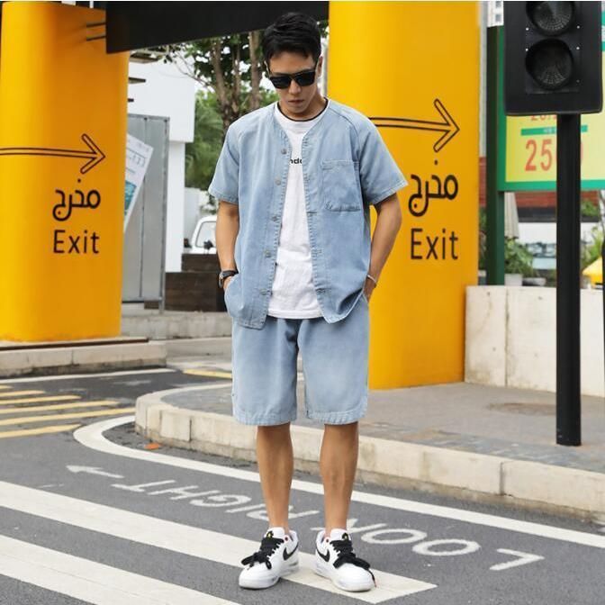 デニム セットアップ 半袖 メンズ 前開き オシャレ デニムシャツ