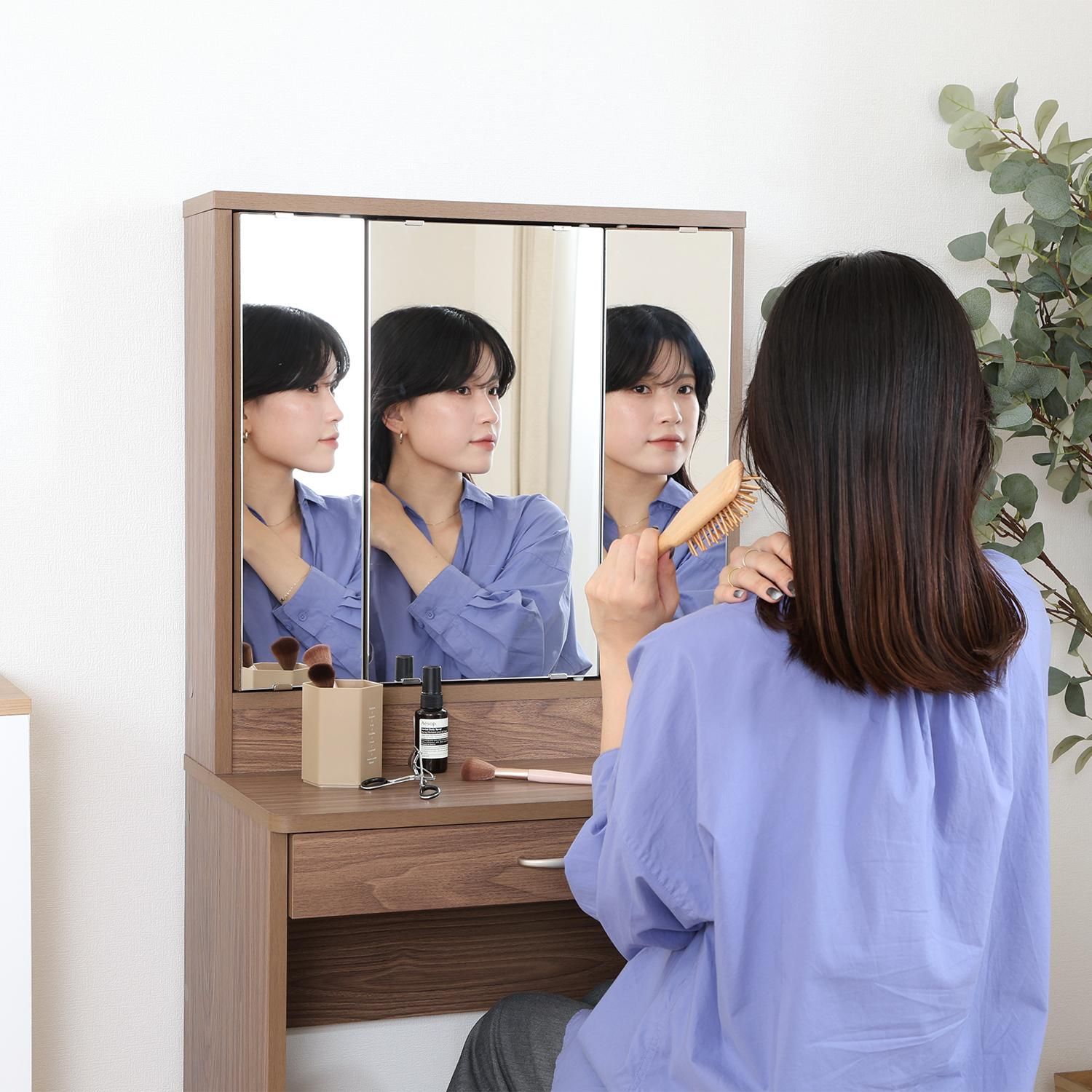 3面鏡 ドレッサー スツール付 ブラウン 幅60cm 化粧台 メイク コンセント付