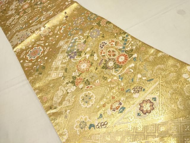 平和屋着物▽六通柄袋帯 唐織 裂取華文 金糸 正絹 逸品