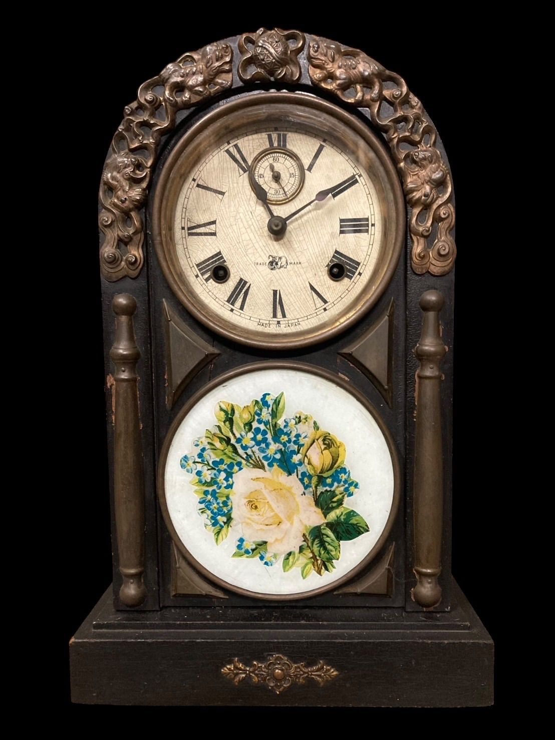 TAKANO タカノ 高野 製 アンティーク ヴェネチアンキーワインドマントルクロック 置時計 スモールセコンド付き ガラス絵 パンジー 真鍮 ゼンマイ式 ボンボン 大正ロマン 古時計 レトロ 時代物 年代物 古美術 骨董 N25J 出西 27