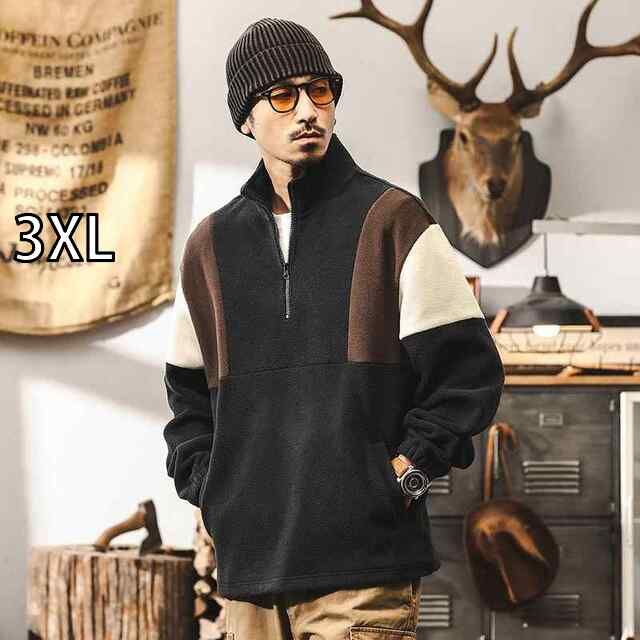 3XL 春 コーデ メンズ 用 服 シンプル ファッション オシャレ 大人 かっこいい 大きいサイズ ストリート 紳士服 アメリカン レトロ ヘビー スウェット シャツ ハーフ ジッパー ハイネックインナー フリース ジャケット