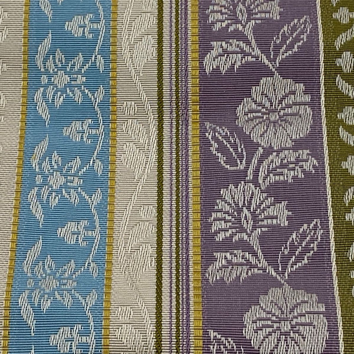 半幅帯 証紙 本場筑前博多織 草花 縞 薄茶色 正絹