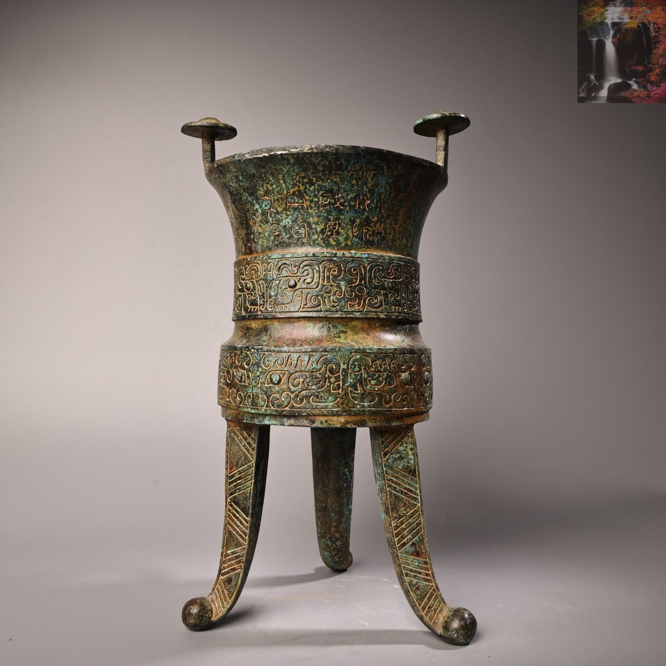 旧家蔵出し 古青銅器彫 銘文 三足酒杯 酒器 青銅器 副葬品 造型精美 古