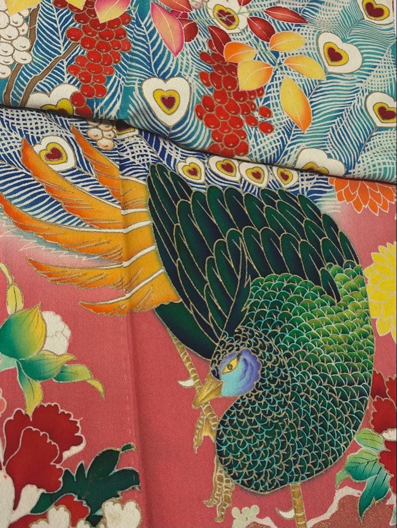 アンティーク 豪華 振袖 五つ紋 友禅 金彩 孔雀 鳥 梅 南天 正絹 紅絹