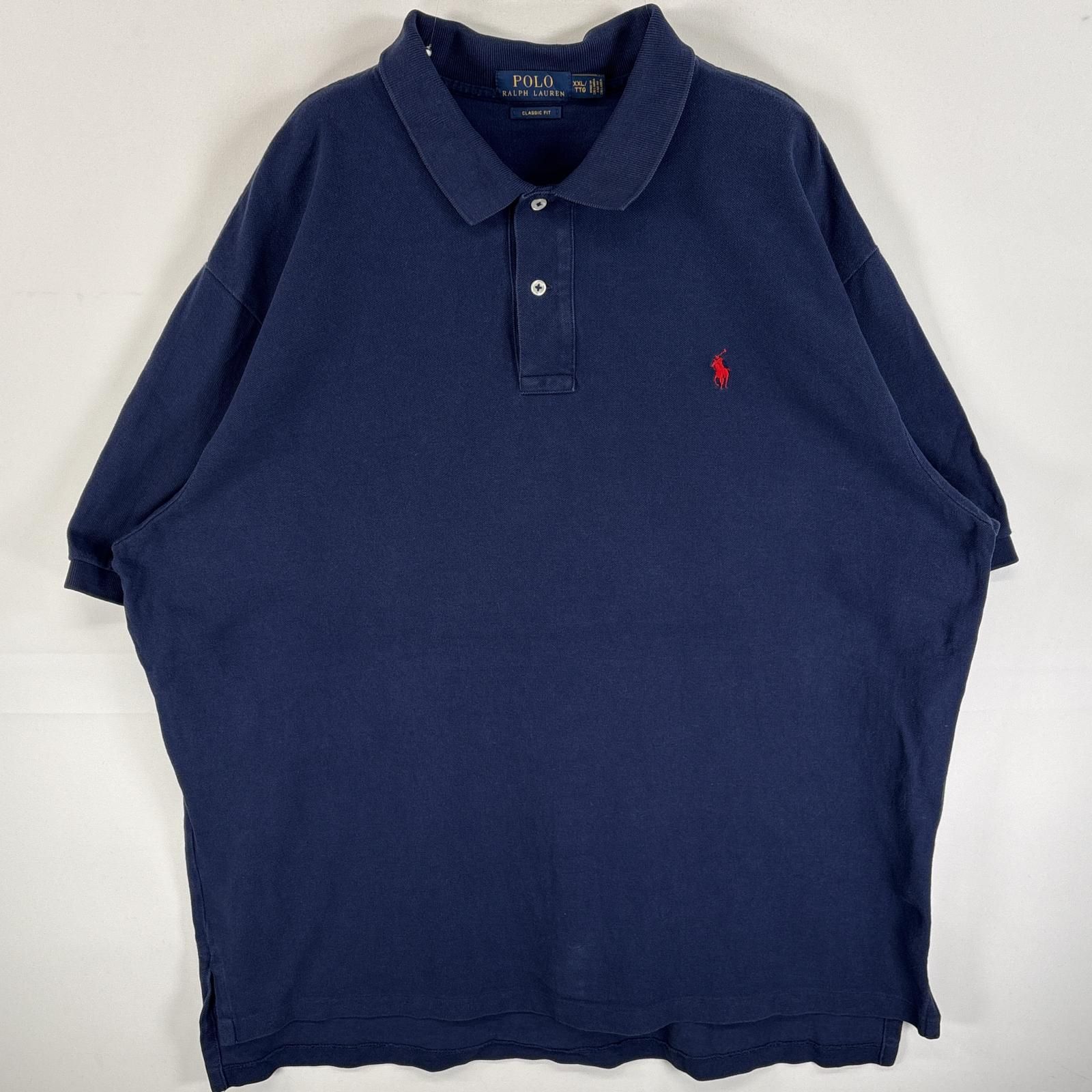 古着 ポロ・ラルフローレン POLO RALPH LAUREN 鹿の子 半袖 ポロシャツ ワンポイント ロゴ 刺繍 大きいサイズ 2ボタン XXL  ネイビー 無地 メンズ