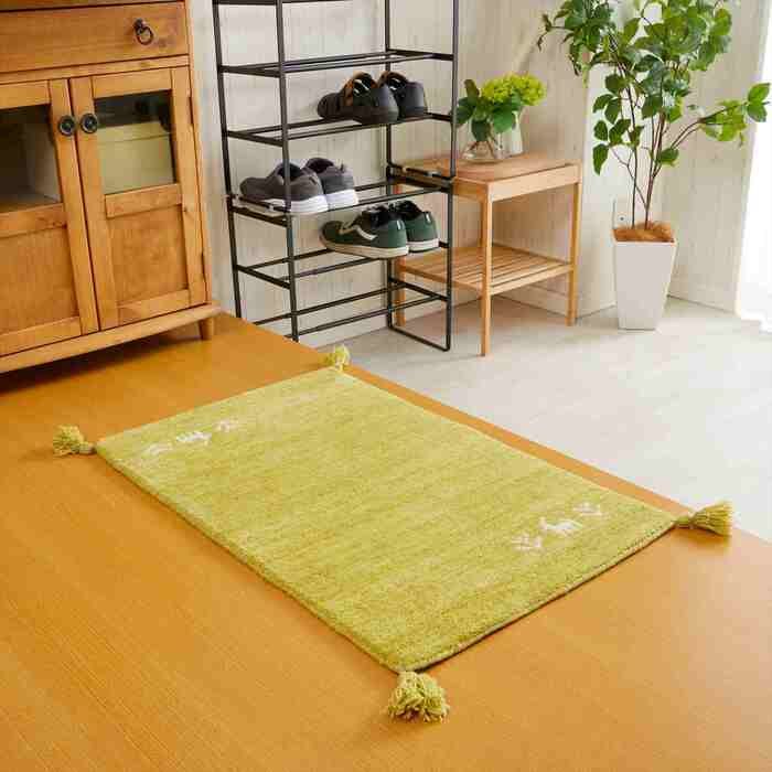 玄関マット 室内 50x80cm ミニラグ ホノカ 6色対応 玄関 ラグ おしゃれ 屋内 ウール100％ ラグマット ウールラグ 長方形 ギャッベ 手織り 防炎 オールシーズン シンプル 50×80cm ホノカ グリーン ギャベ