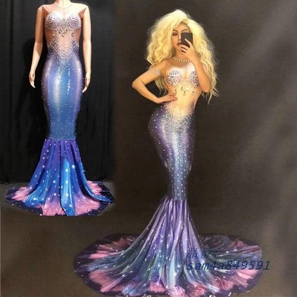 ラインストーンダンスドレス 歌手ステージダンスラインストーンイブニング末尾ドレス プリントブルーマー メイドテールスカート am4a849591