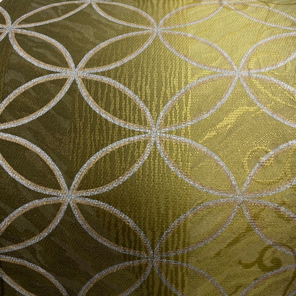 美品】 袋帯 名品 七宝 縞 箔 ぼかし 鶯色 全通 正絹 【中古