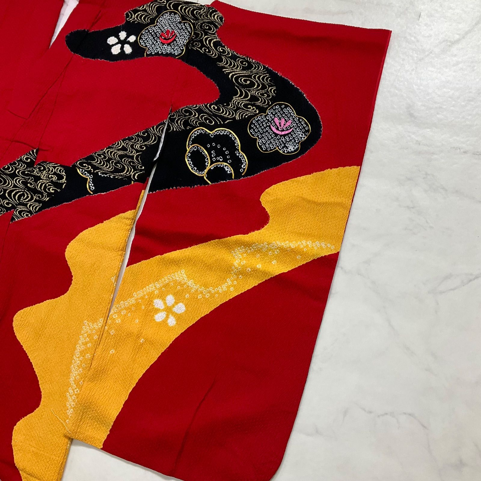 one◆ 同然◆7歳くらい用◆女の子着物◆手絞りと友禅と金駒刺繍◆正絹◆子供着物◆七五三◆袷◆裄59㎝肩丈136.5㎝◆七五三お詣り女の子着物こどものひお正月卒業式十三詣り◆G320手絞り