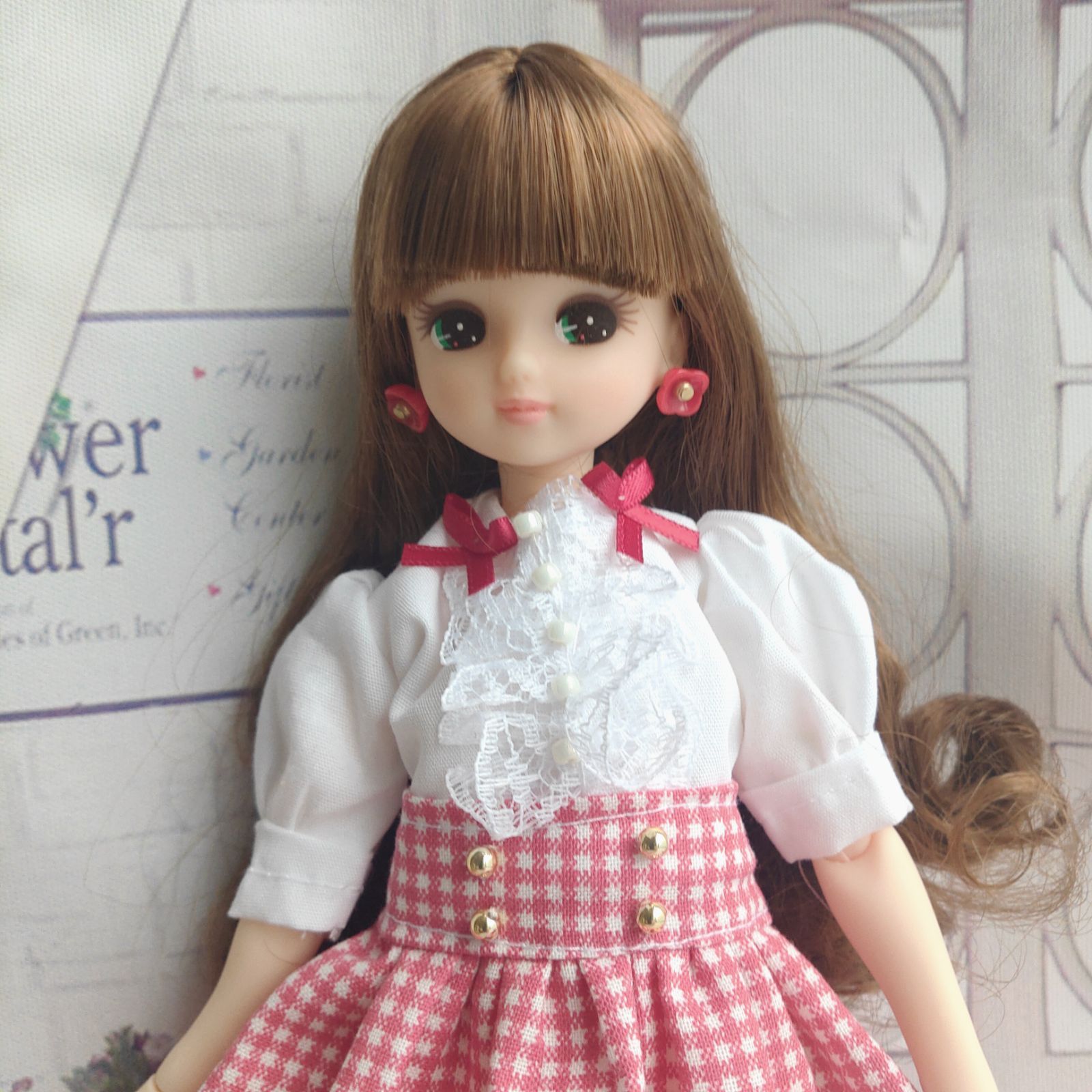 あき　りかちゃんジェニー服　ヴィクトリアン桜+薔薇&テディベアチェック柄 買うハンドメイド・手芸 - あき様専用 りかちゃんジェニー服