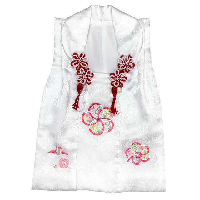 七五三 三歳 女の子 被布セット 正絹被布コート 草履 巾着 足袋 4点コーデセット 白 ねじり梅と鶴 IHF906-4set01