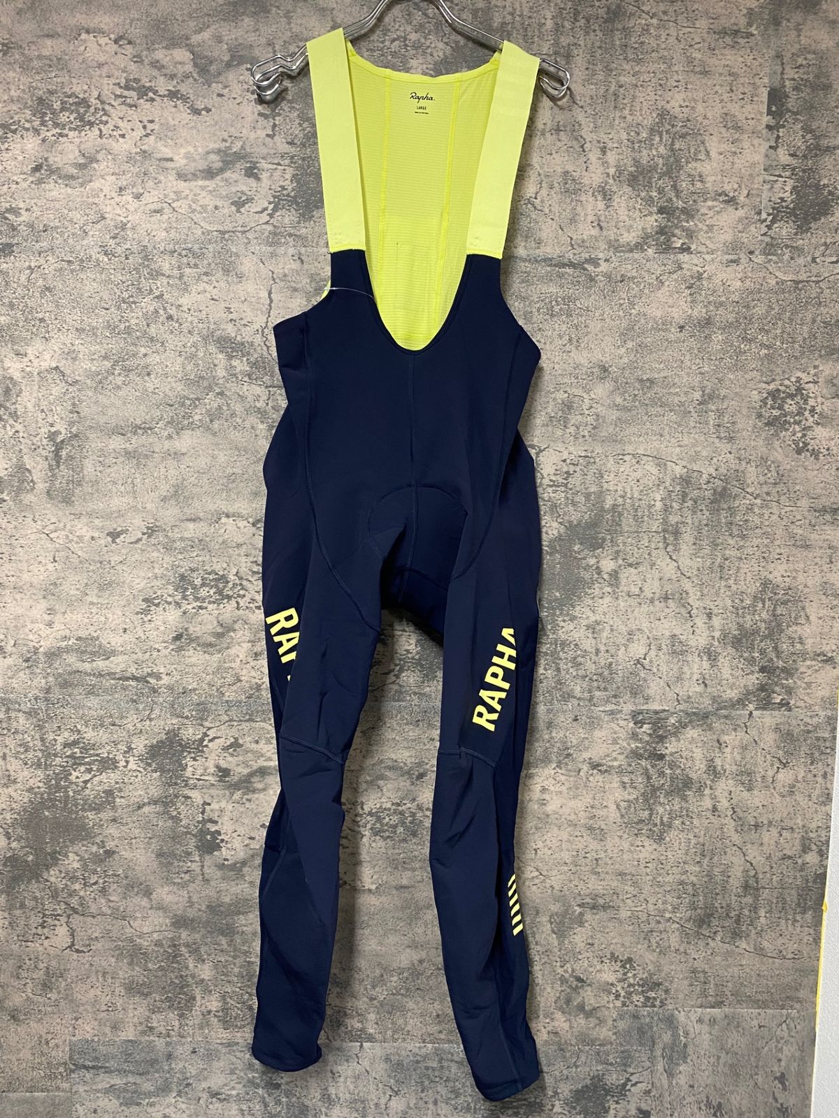 IW349 ラファ Rapha PRO TEAM WINTER TIGHTS WITH PAD Ⅱ ビブタイツ 紺 黄 L 裏起毛