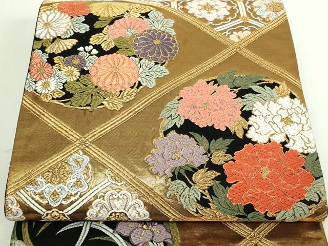 (バーゲン❷) No.2436正絹作家(斉藤三才氏)金糸幾何学袋帯　美品 バーゲン➁) No.2436正絹作家(斉藤三才氏)金糸幾何学袋帯 美品