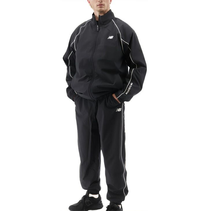 ニューバランス 上下セット メンズ Newbalance ウーブン ジャケット ロングパンツ 裏トリコット起毛 セットアップ スポーツウェア 裏起毛 トラックスーツ あたたかい アウター 長ズボン 上下組 AMJ53171-AMP53173-BK