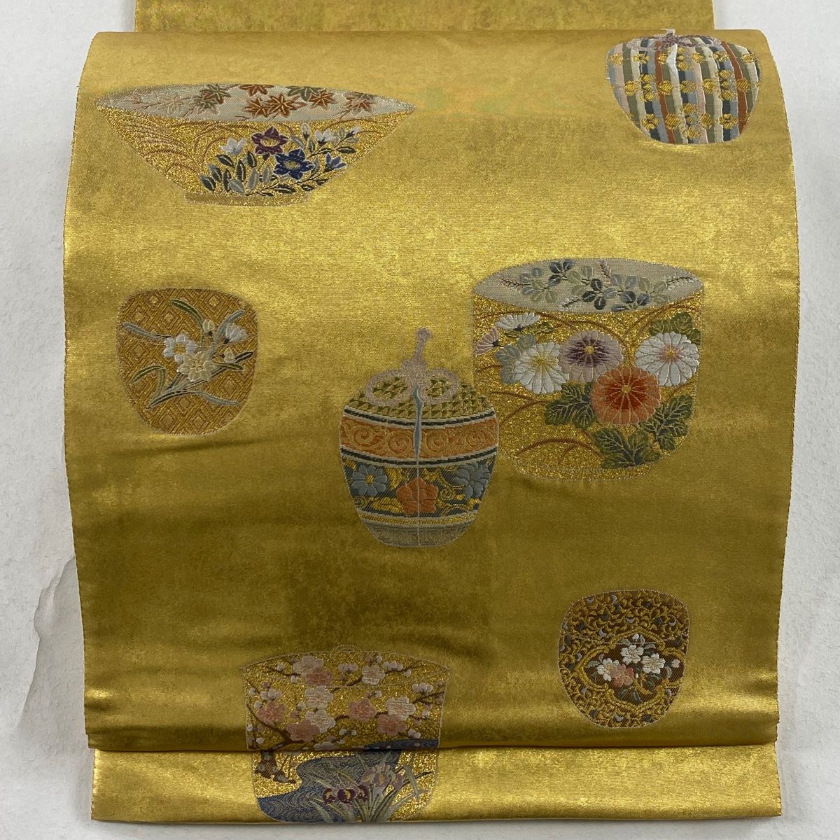 袋帯 秀品 長嶋成織物 落款 瀞金錦 本金箔 茶器の華 唐織 金糸 金色 お太鼓柄 正絹