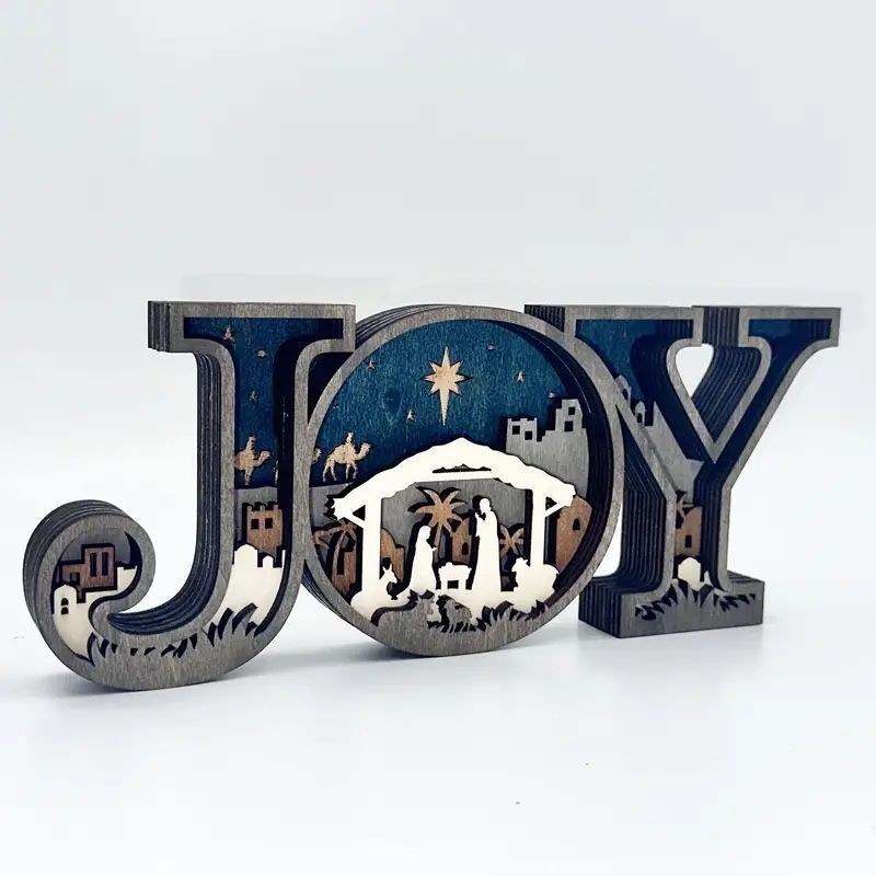 クリスマスJOY木製デコレーション !-利用不可文字-! 聖夜シーン付きインテリアオブジェ
