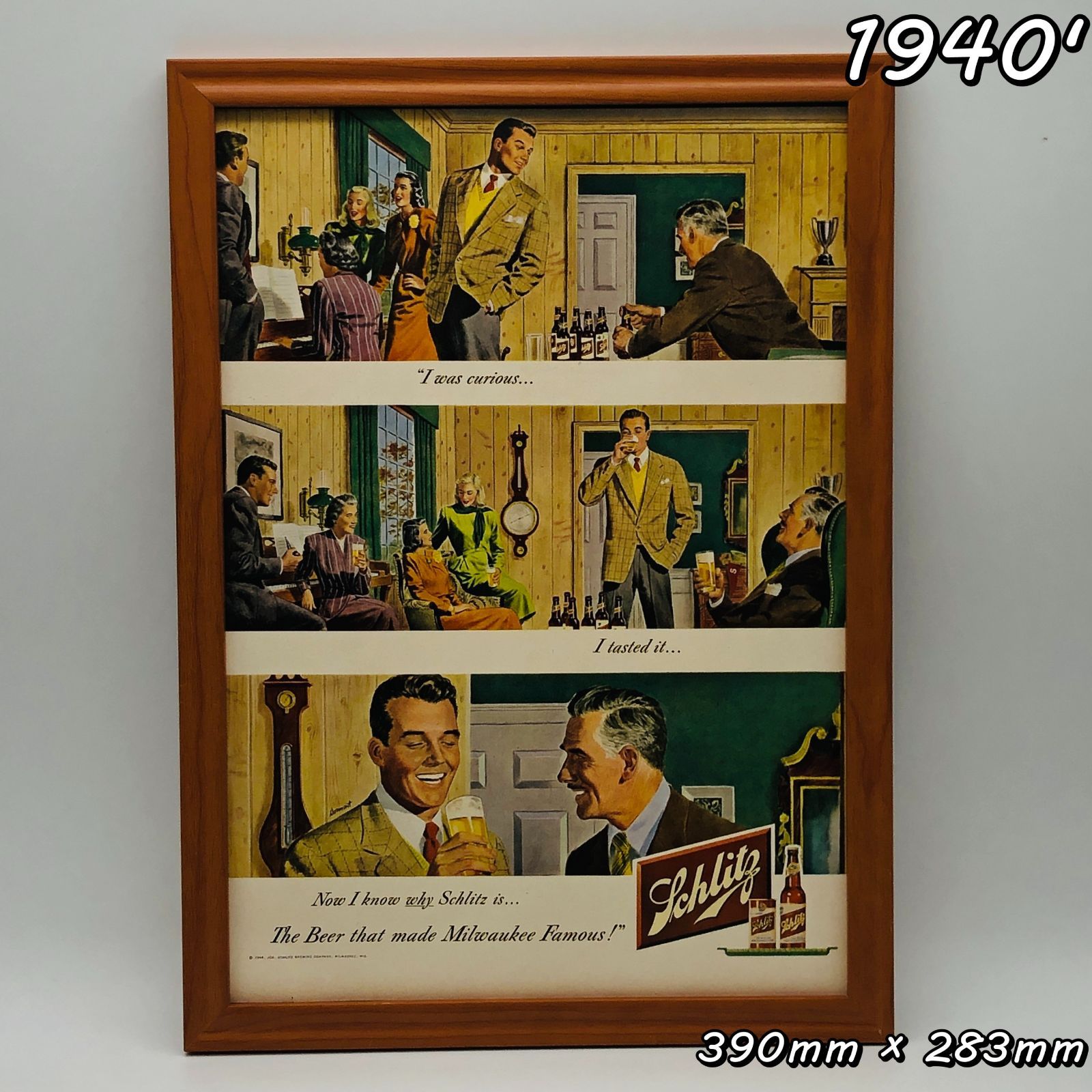 ビンテージ 広告　ポスター フレーム付　　『 シュリッツ　ビール ( Schlitz ) 』　1940's　※当時物　オリジナル アメリカ 輸入雑貨　 ヴィンテージ　アドバタイジング レトロ　 ( AZ1558 )
